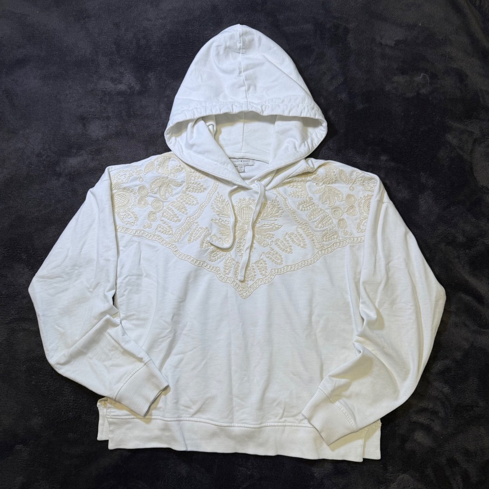 Lucky Brand White Embroidered Floral Hoodie Sweatshirt Small Boho Cream Pullover